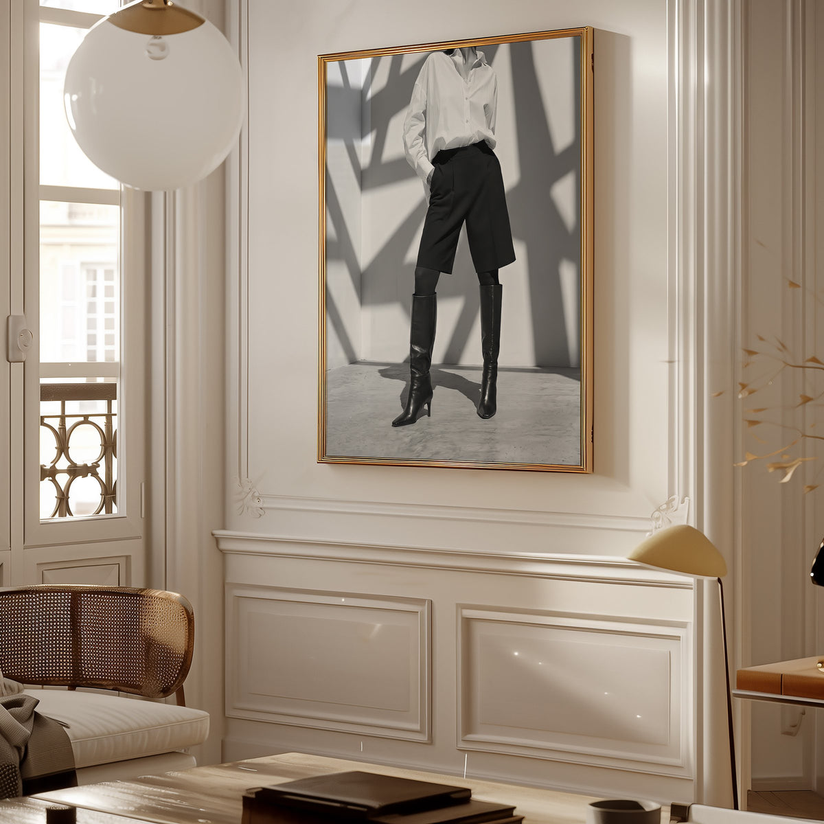 Black and white shirt and knee boots shadow wall print shown in a gold frame in a Parisian paneled living room