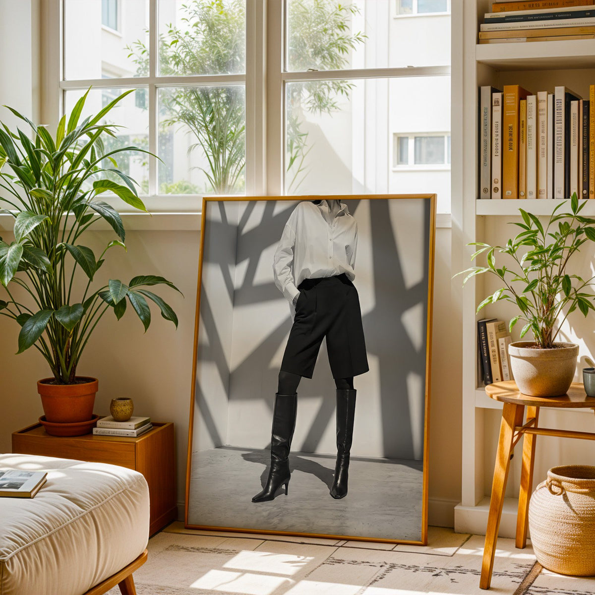 Black and white shirt and knee boots shadow wall print shown in a brass frame leaning on a sunlit living room floor
