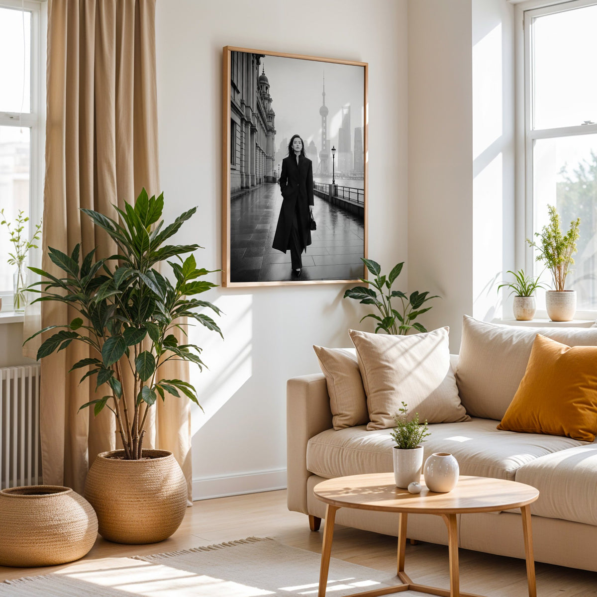 Black and white Shanghai Bund woman in black coat print in an oak frame above a cream sofa beside woven planters