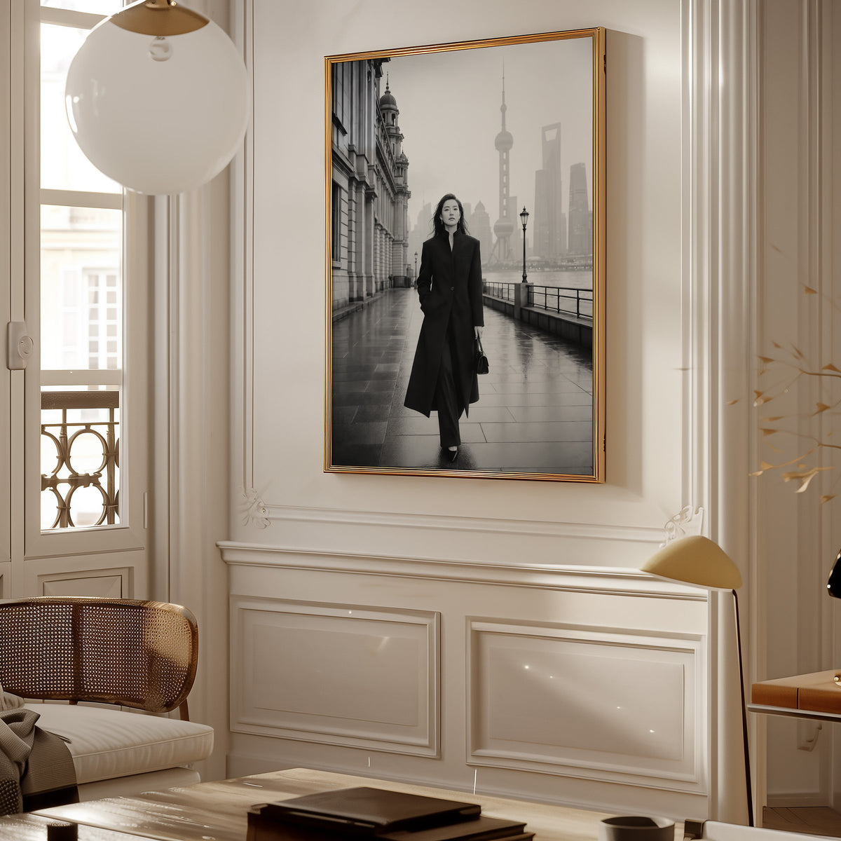 Black and white Shanghai Bund woman in black coat print shown in a gold frame in a Parisian paneled living room