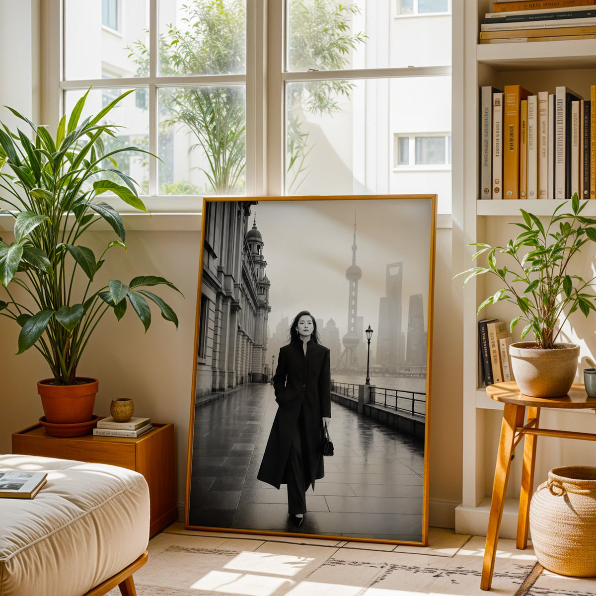 Black and white Shanghai Bund woman in black coat print shown in a brass frame leaning on a sunlit living room floor