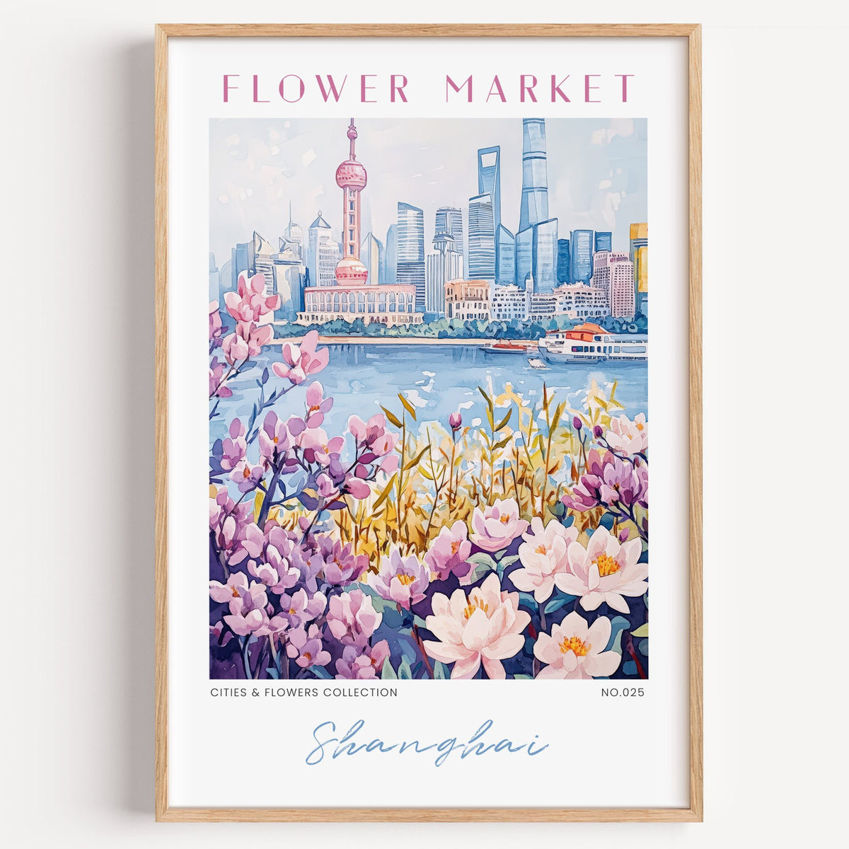 Shanghai flower market print in a light oak frame on a plain white wall