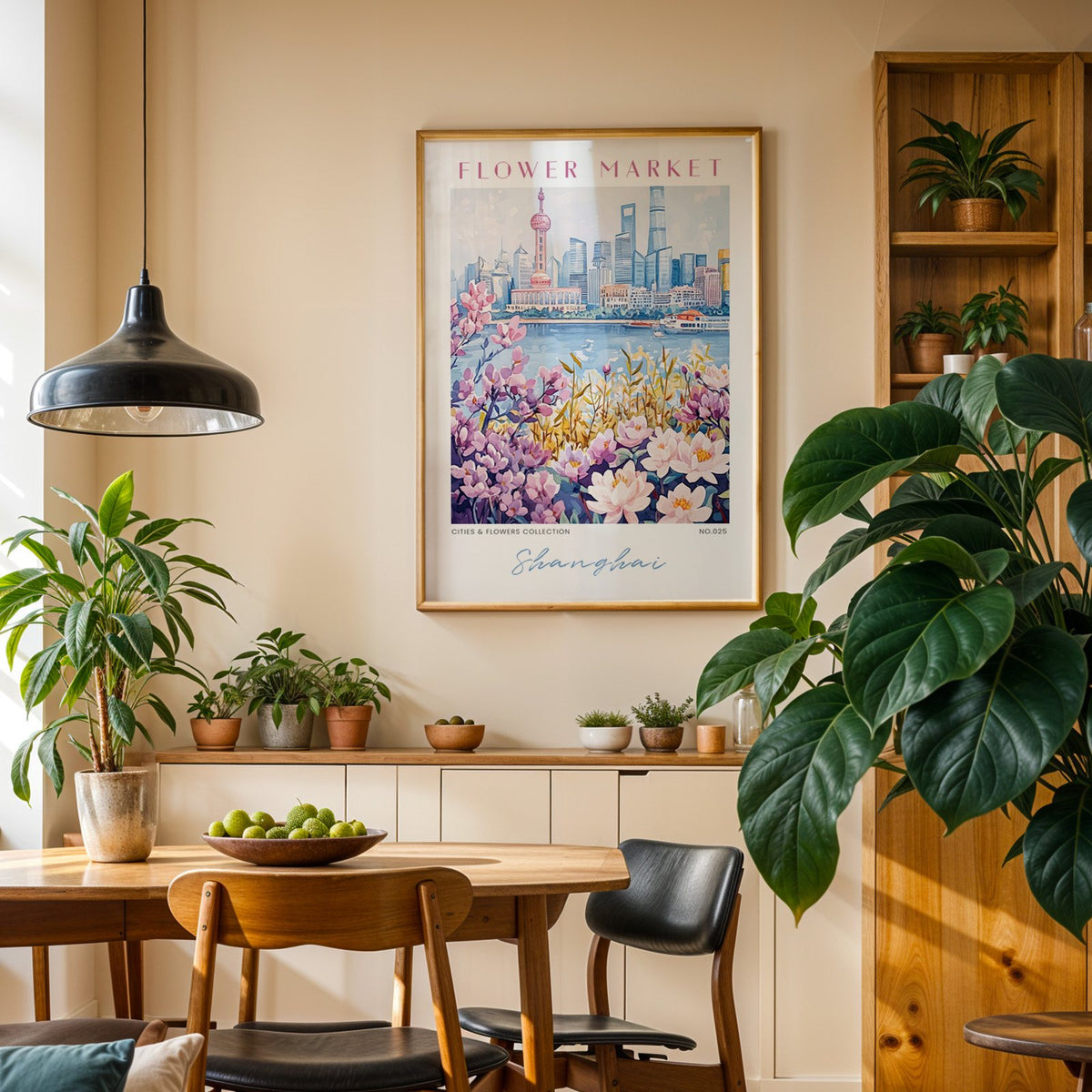 Shanghai flower market print in an oak frame above a dining sideboard lined with potted plants