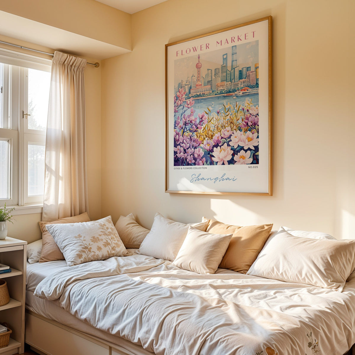 Shanghai flower market print in an oak frame above a cream daybed in a sunny bedroom