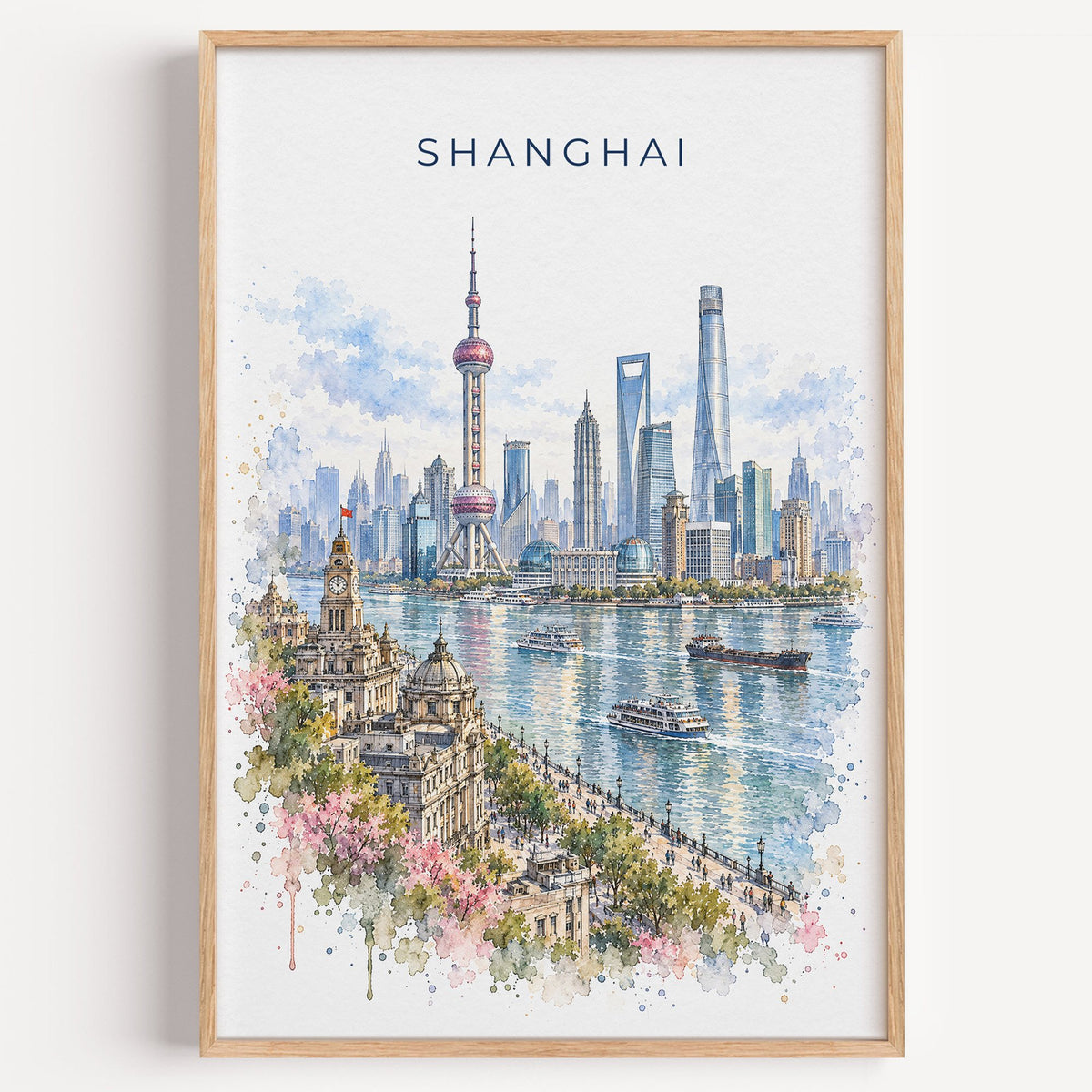 Shanghai watercolor print in a light oak frame on a plain white wall
