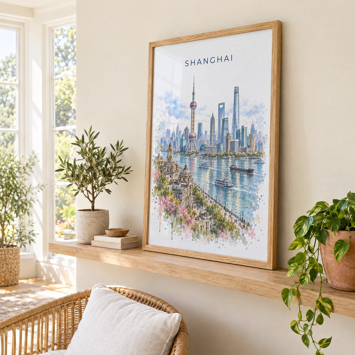 Shanghai watercolor print in an oak frame on a picture ledge in a sunlit sunroom