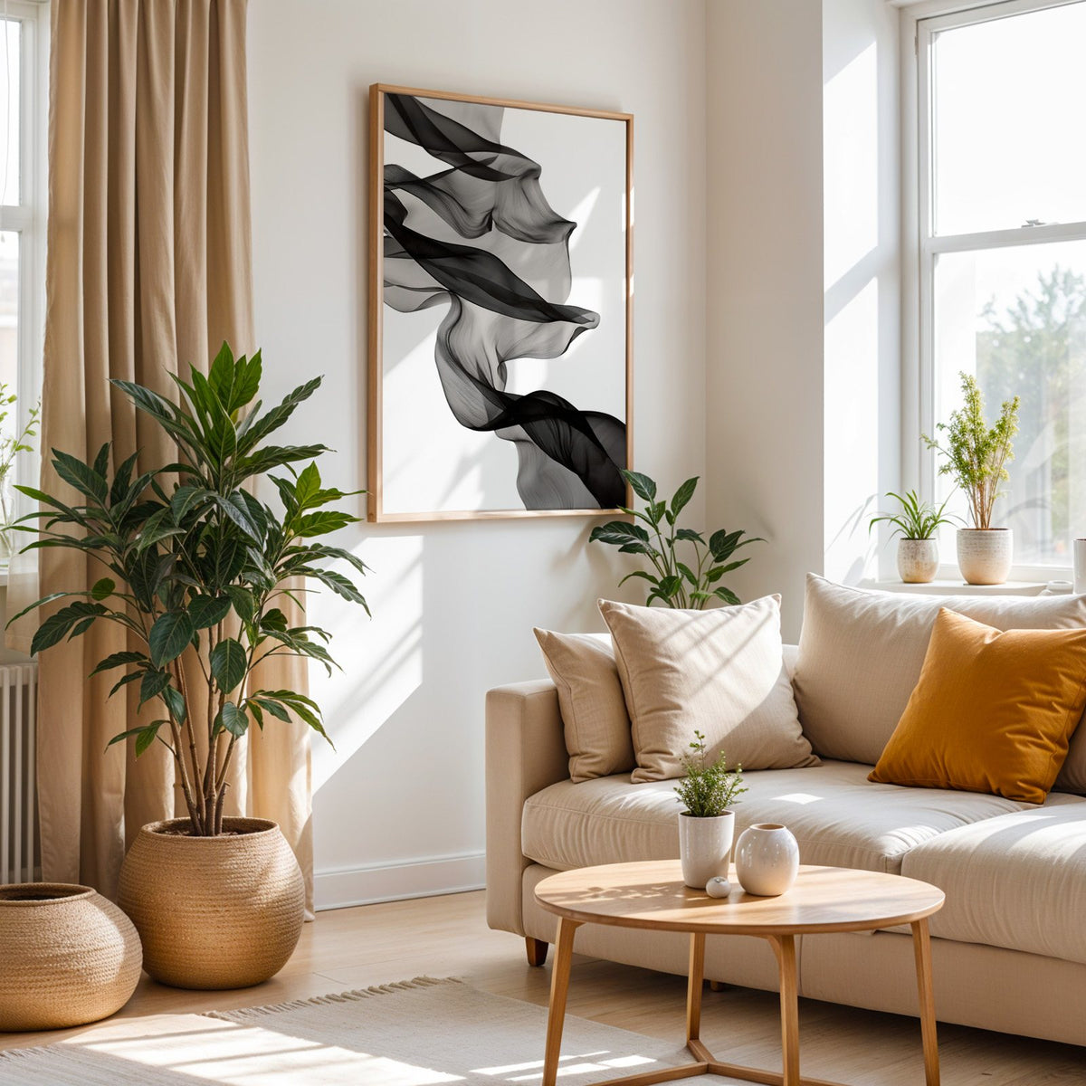Sheer black fabric flowing across white print in an oak frame above a cream sofa beside woven planters