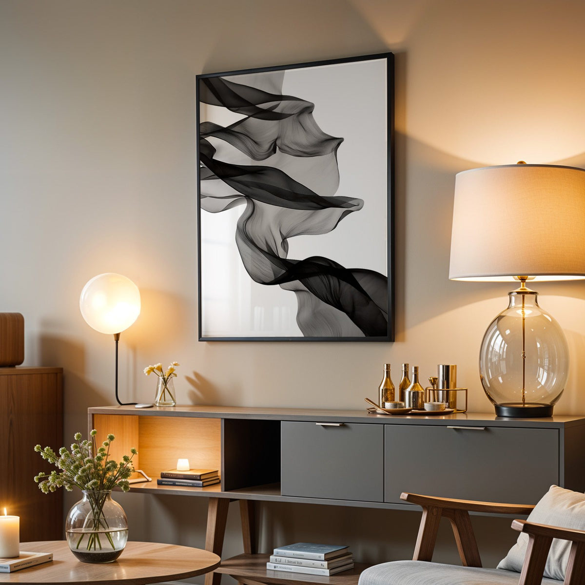Sheer black fabric flowing across white print in a black frame above a grey media console with a glass table lamp