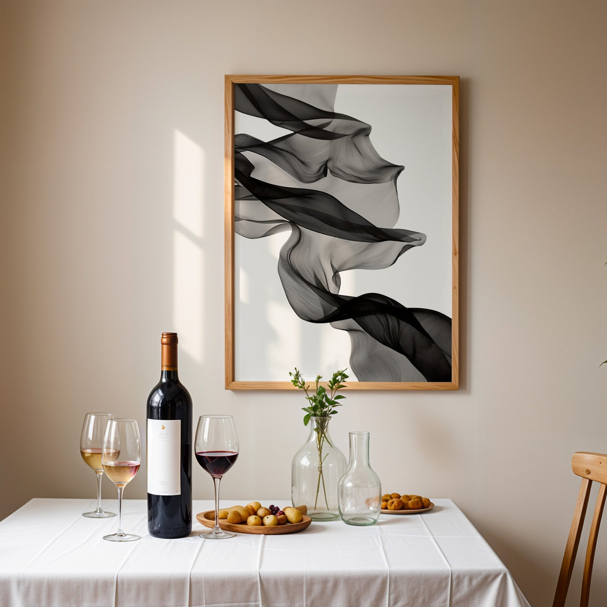 Sheer black fabric flowing across white print in an oak frame above a table set with red wine and glasses