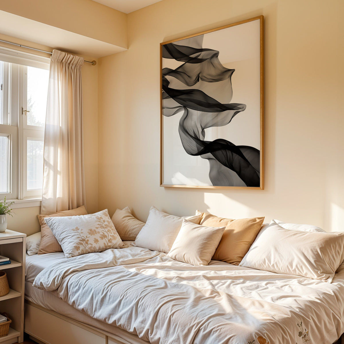 Sheer black fabric flowing across white print in an oak frame above a cream daybed in a sunny bedroom