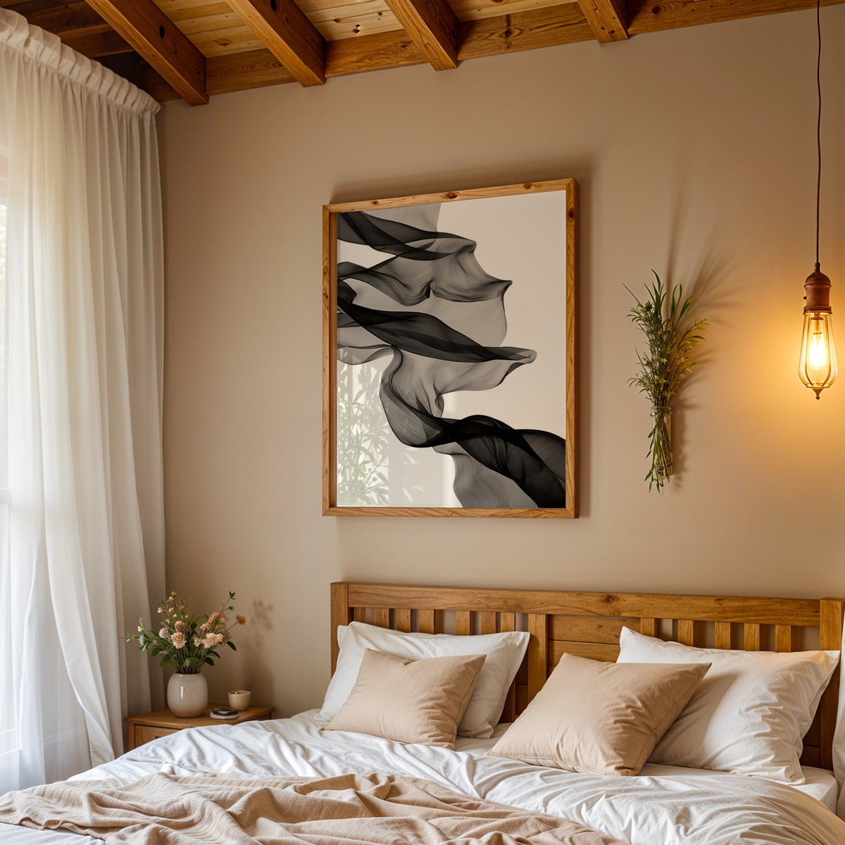 Sheer black fabric flowing across white print in a pine frame above a wood headboard bed under a pendant bulb