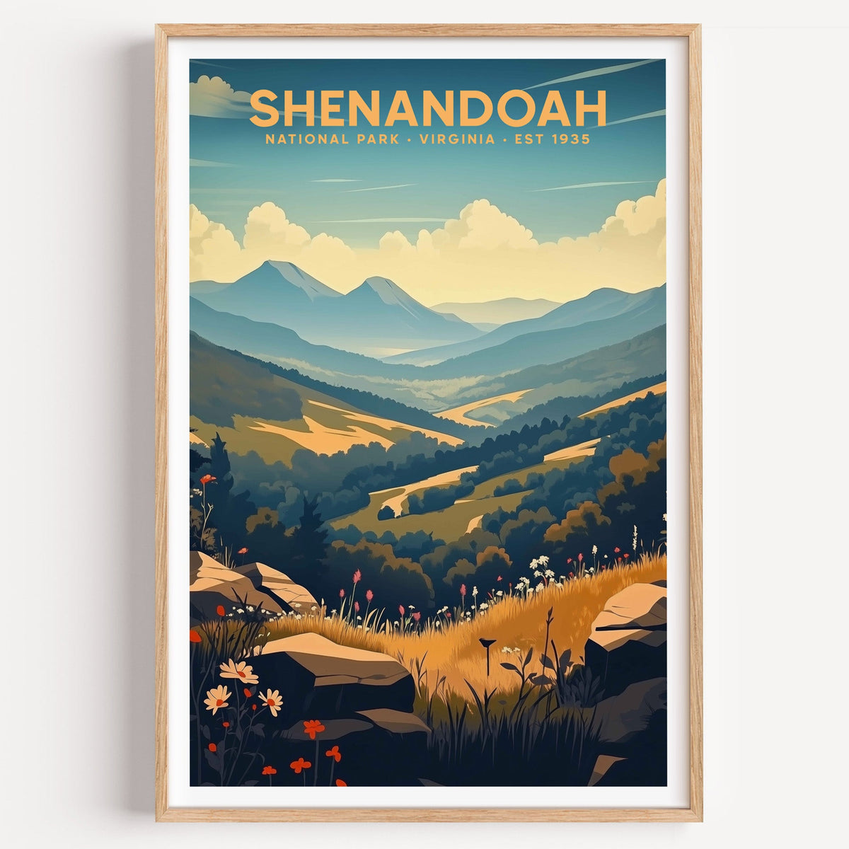 Shenandoah National Park illustrated print: blue ridges above a wildflower overlook, in an oak frame