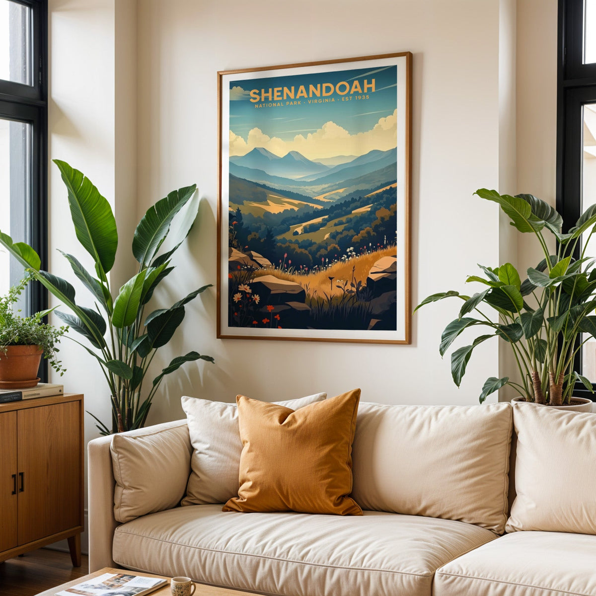 Shenandoah National Park print in an oak frame above a cream living room sofa with an ochre cushion