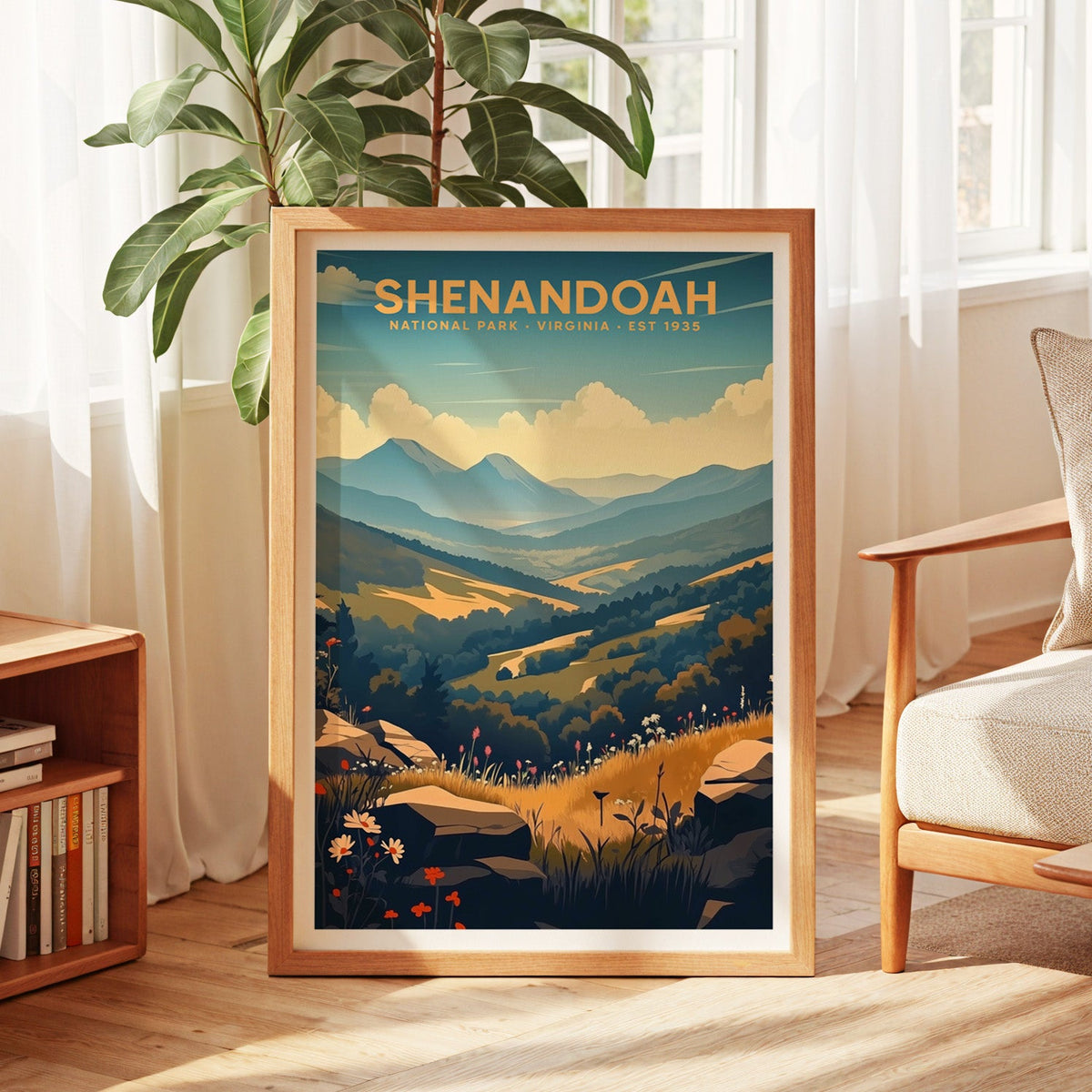 Shenandoah National Park print in an oak frame by a sunlit window with sheer curtains and a fig plant