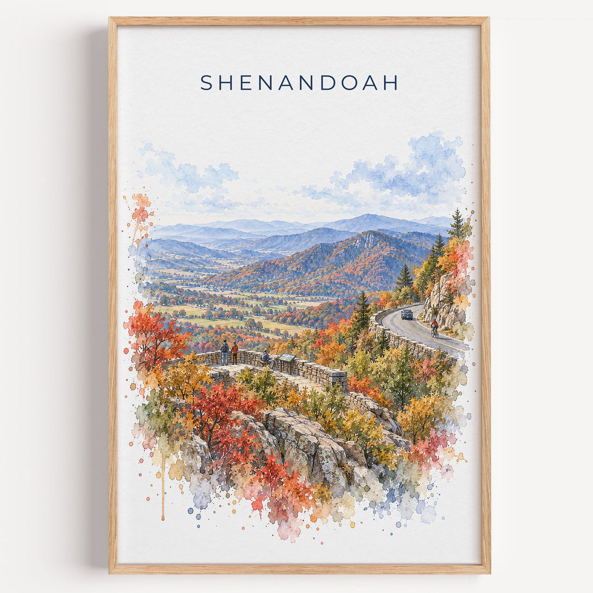 Shenandoah National Park watercolor print in a light oak frame on a plain white wall