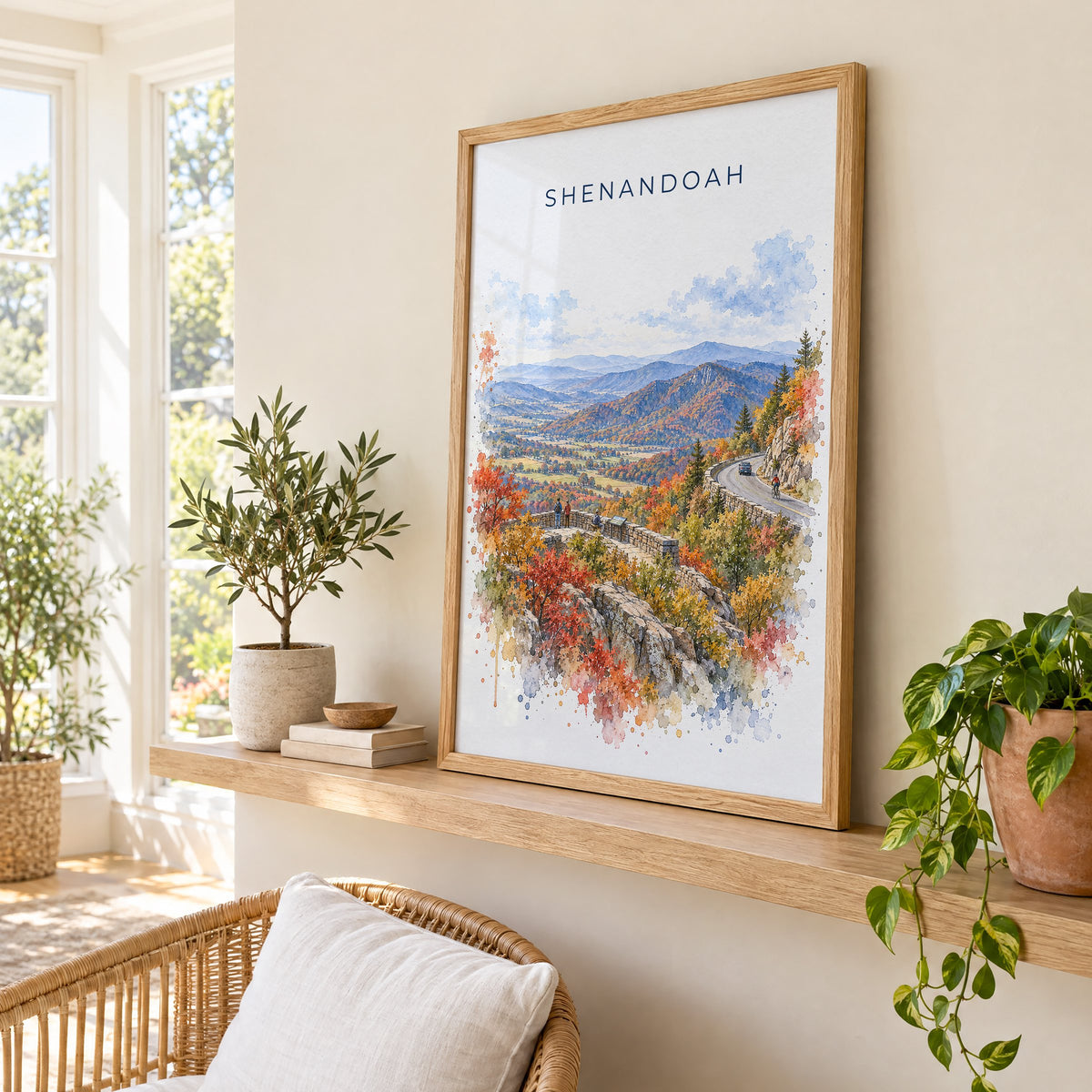 Shenandoah National Park watercolor print in an oak frame on a picture ledge in a sunlit sunroom