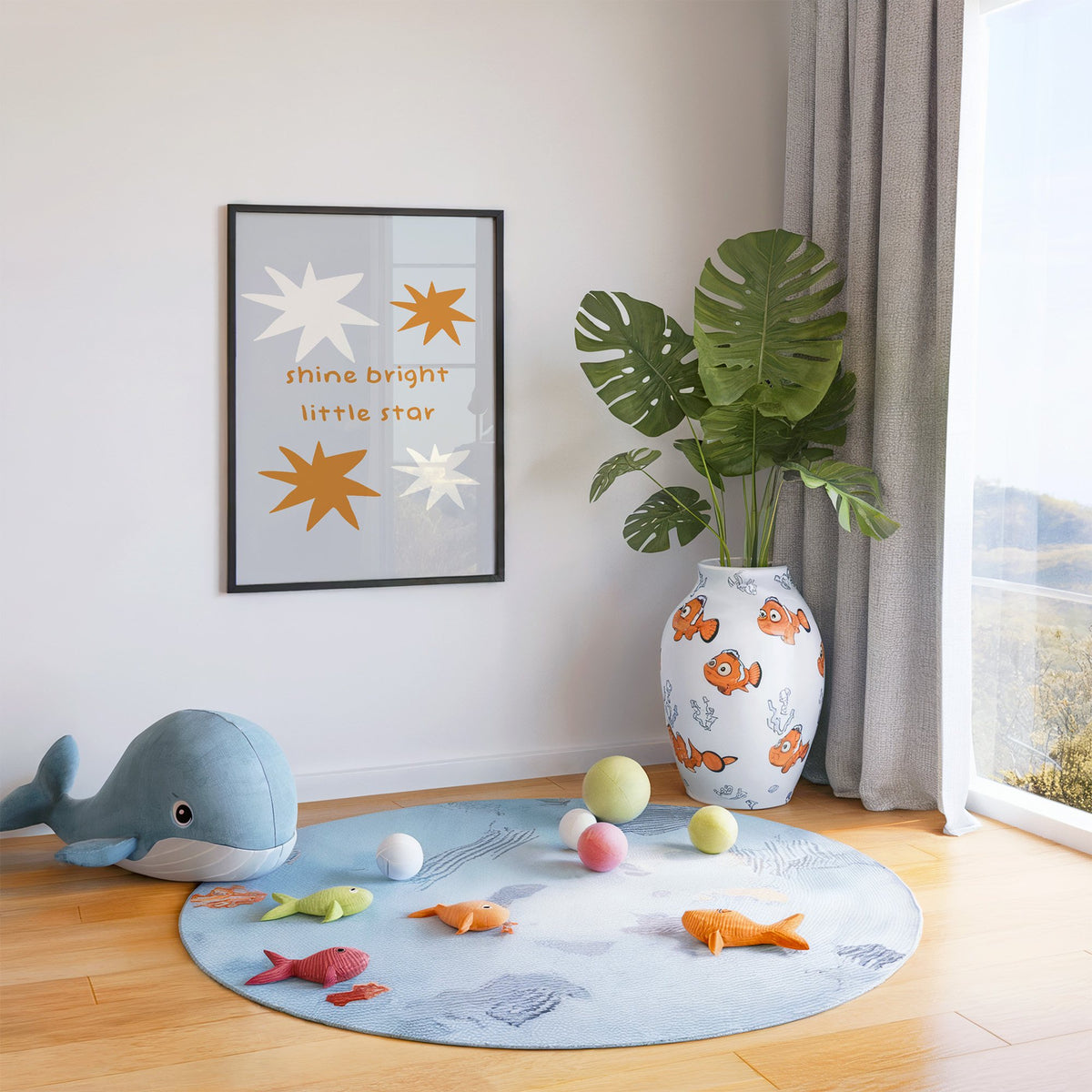 Shine bright little star nursery print in a black frame in a playroom with an ocean rug and whale plush