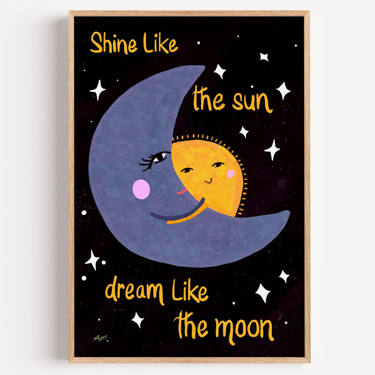 Moon hugging sun quote nursery print in a light oak frame on a plain white wall