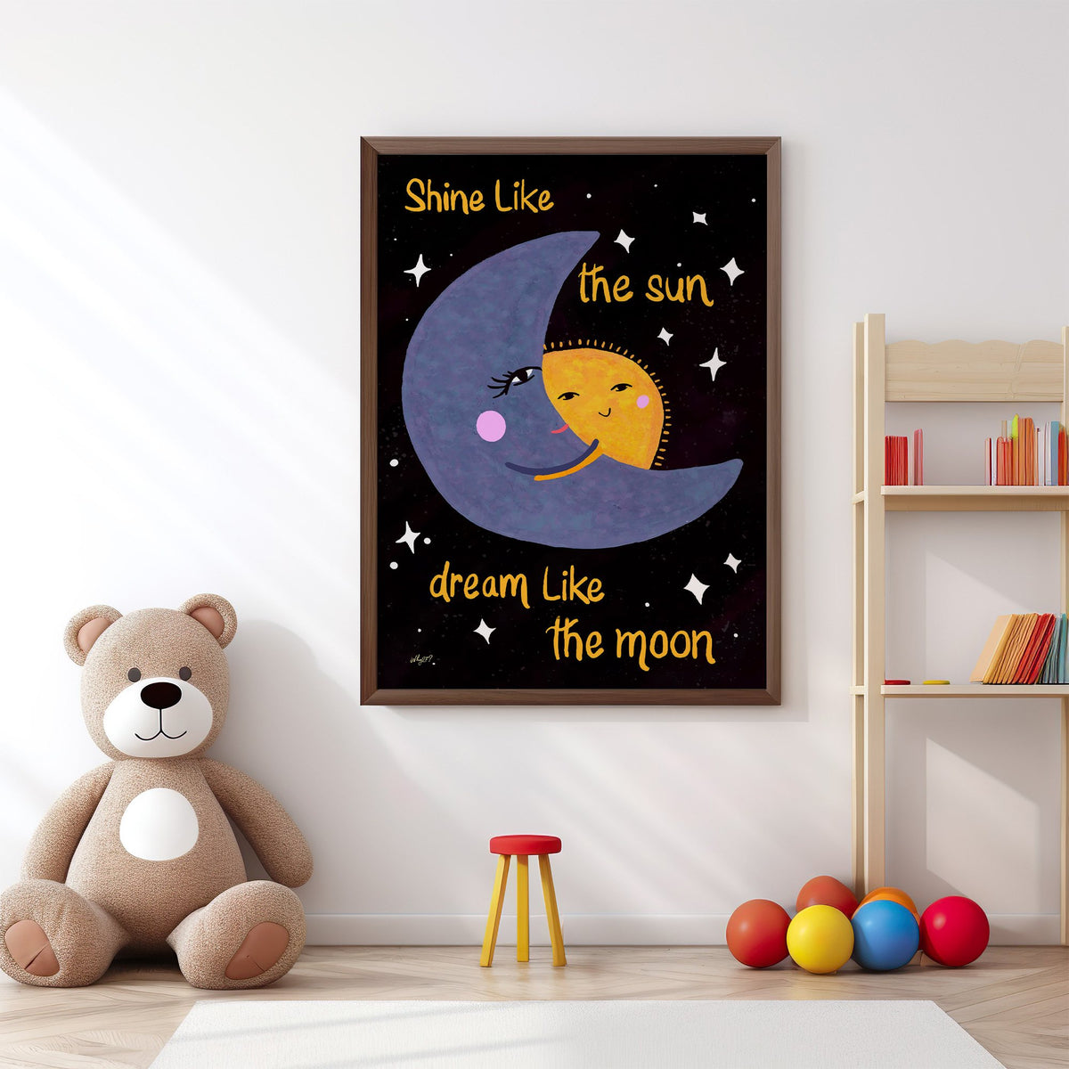 Moon hugging sun quote nursery print in a walnut frame above a big teddy bear by a bookshelf