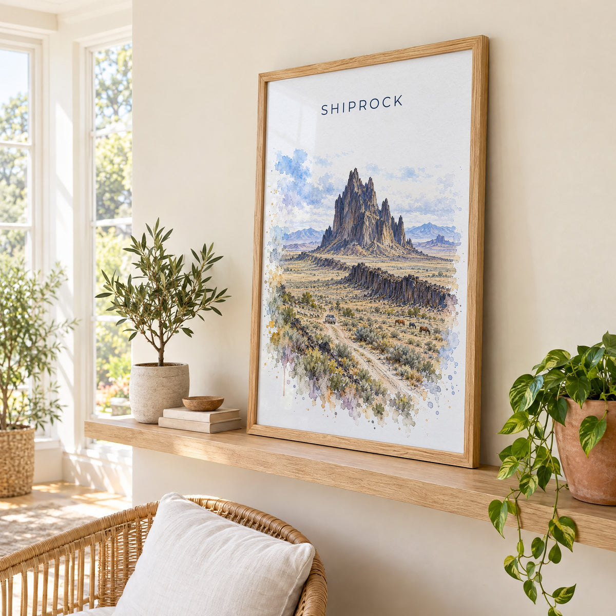 Shiprock watercolor print in an oak frame on a picture ledge in a sunlit sunroom