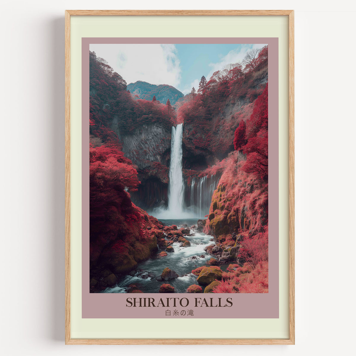 Shiraito Falls in autumn print in a light oak frame on a plain white wall