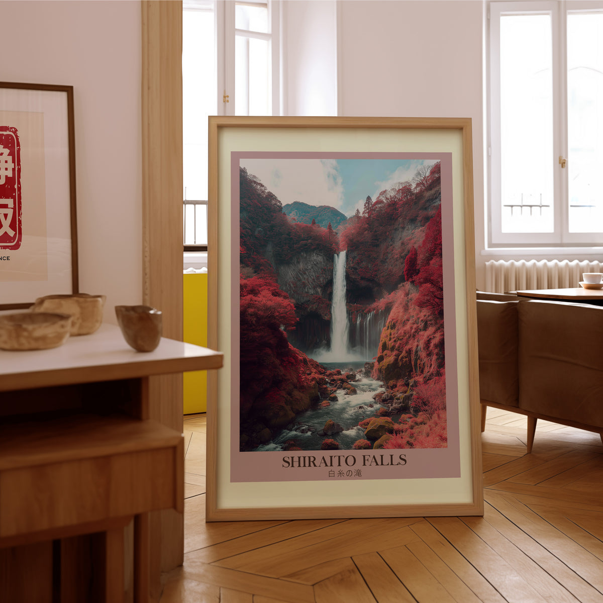 Shiraito Falls in autumn print in an oak frame on the parquet floor of a sunlit living room
