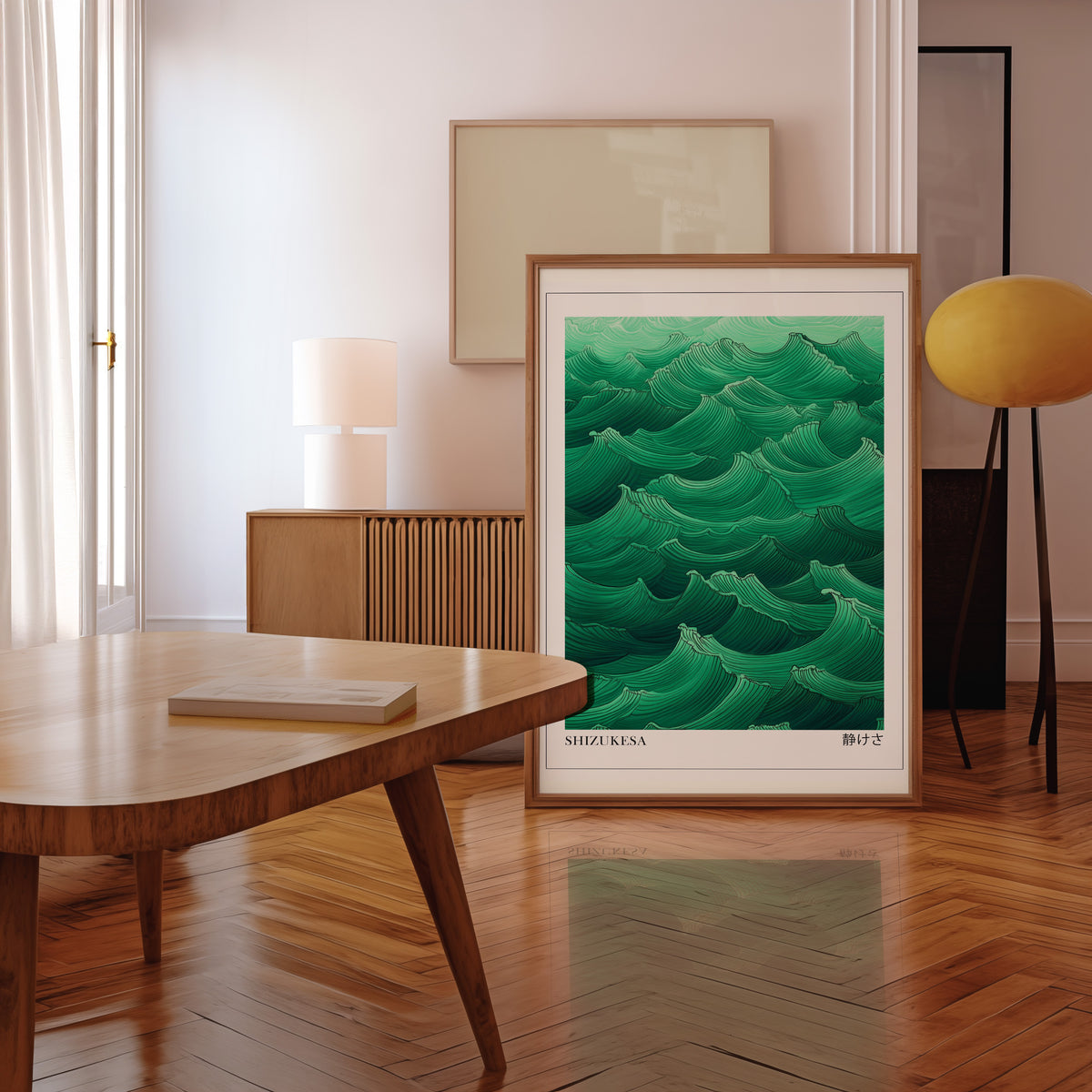 Jade green Shizukesa waves print in a walnut frame leaning in a mid-century living room