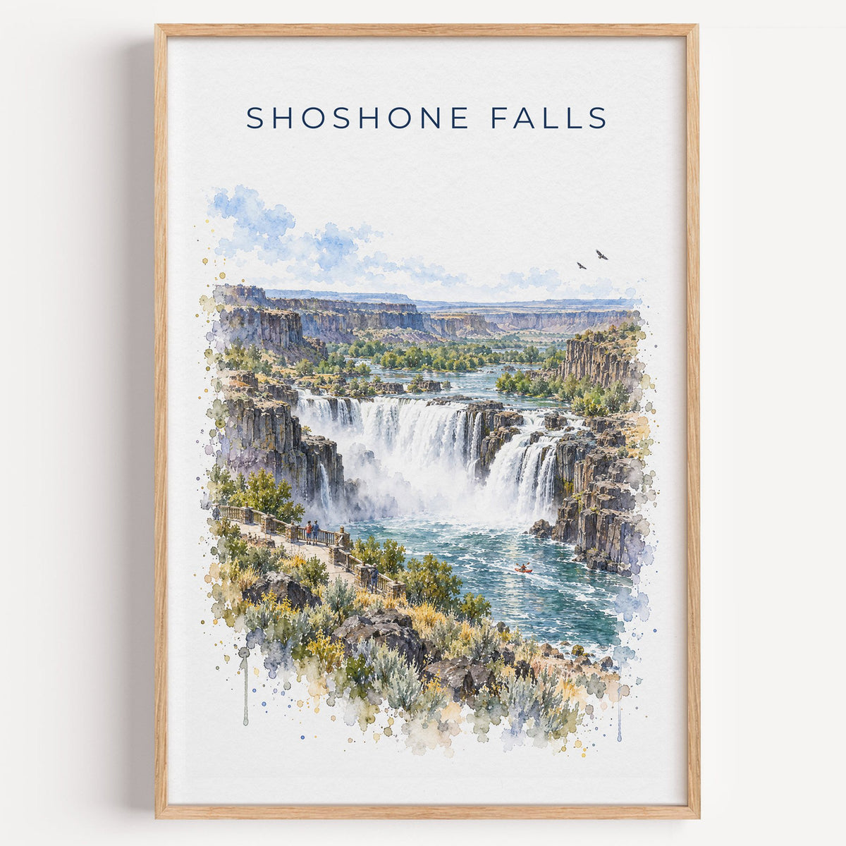 Shoshone Falls watercolor print in a light oak frame on a plain white wall