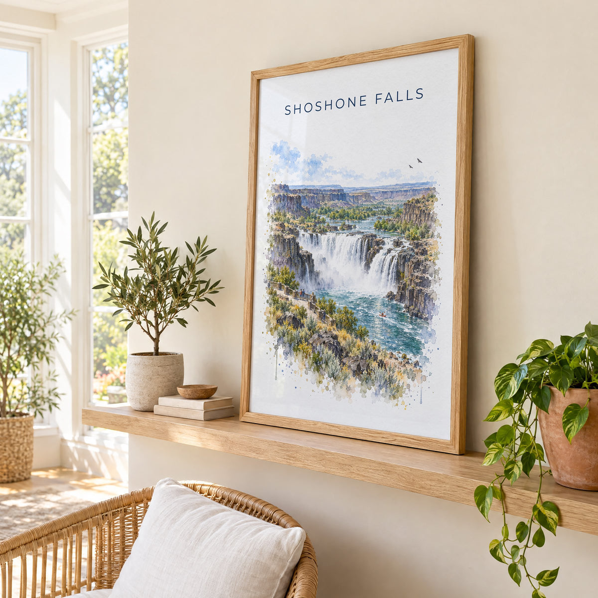 Shoshone Falls watercolor print in an oak frame on a picture ledge in a sunlit sunroom