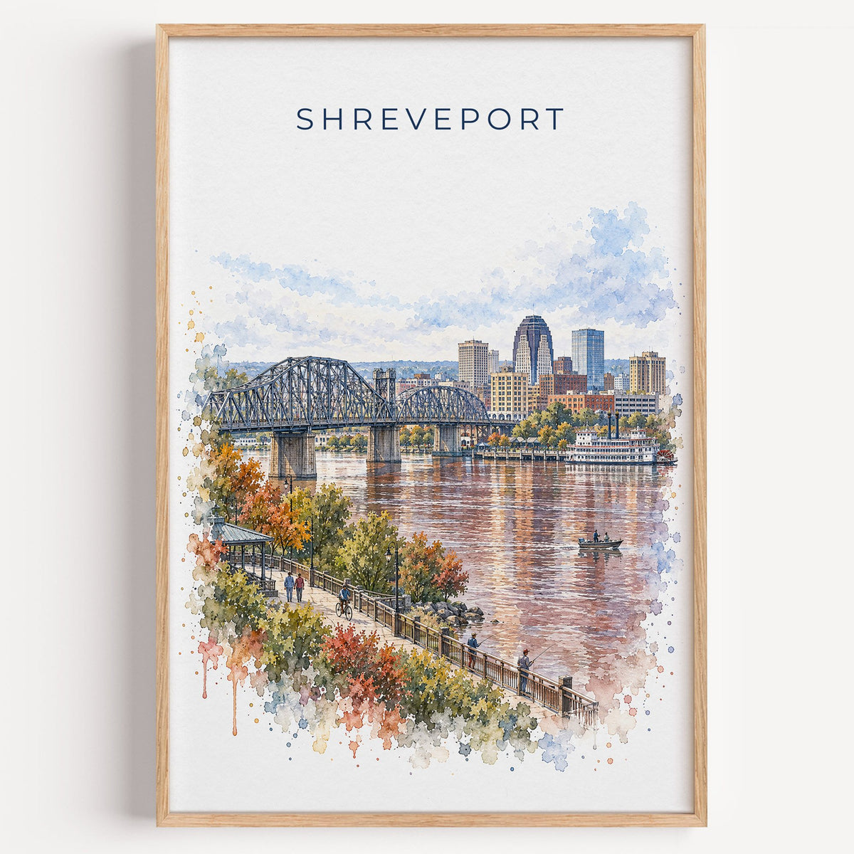 Shreveport watercolor print in a light oak frame on a plain white wall