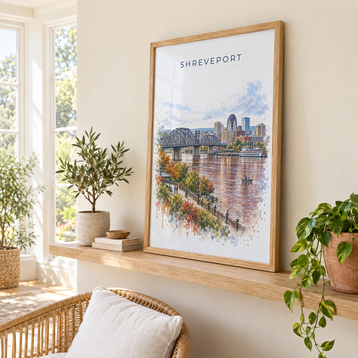 Shreveport watercolor print in an oak frame on a picture ledge in a sunlit sunroom