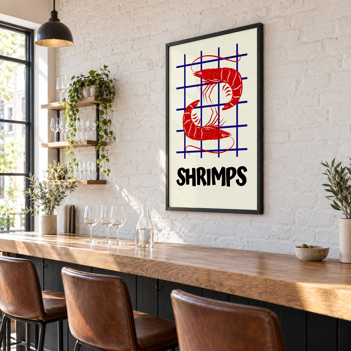SHRIMPS red and blue grid print in a black frame on a white brick wall above a wine bar counter