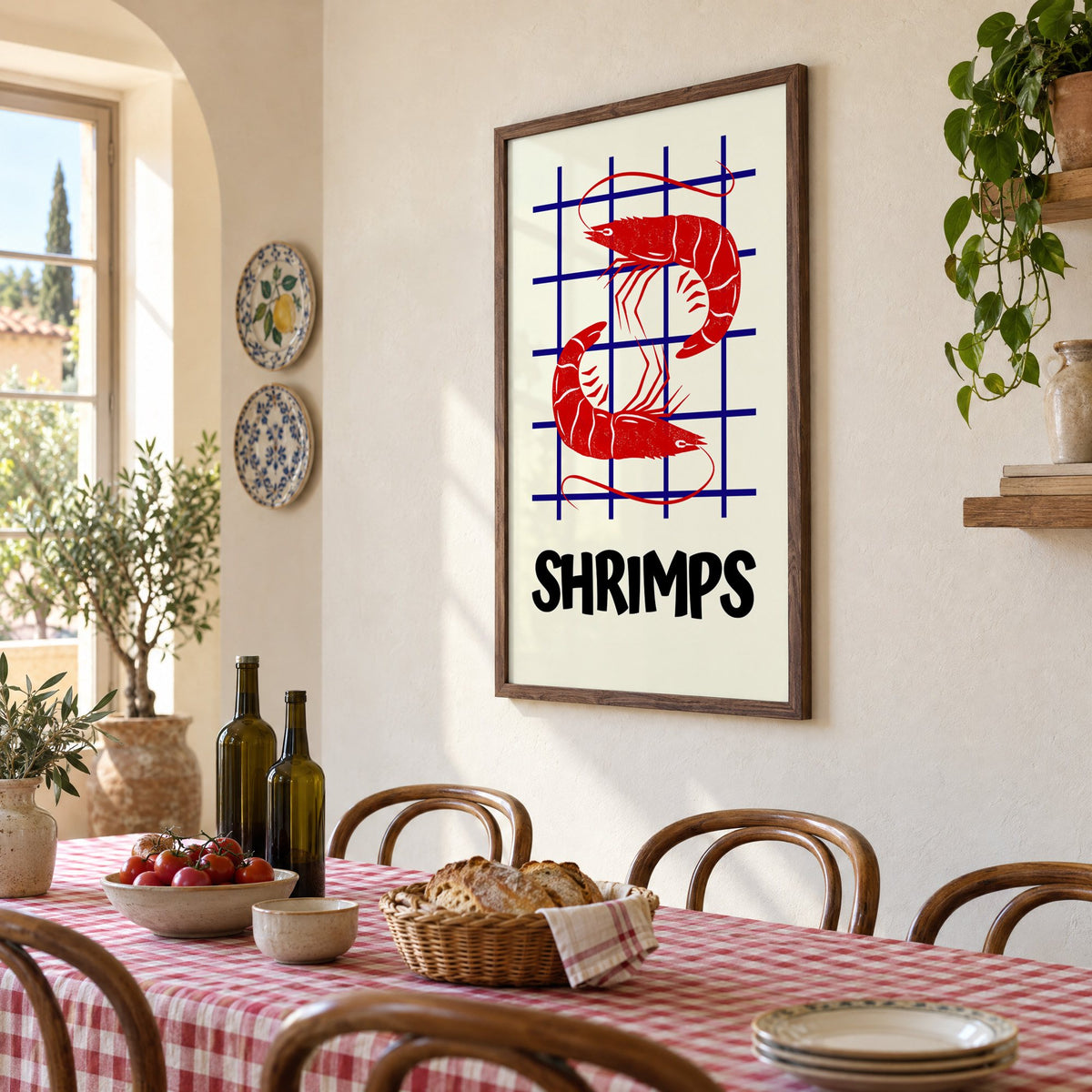 SHRIMPS red and blue grid print in a walnut frame above a gingham-covered trattoria table, seen at an angle