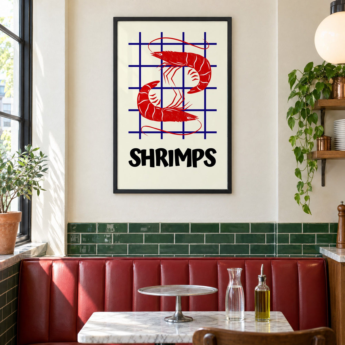SHRIMPS red and blue grid print in a black frame above a red leather booth in a sunny pizzeria