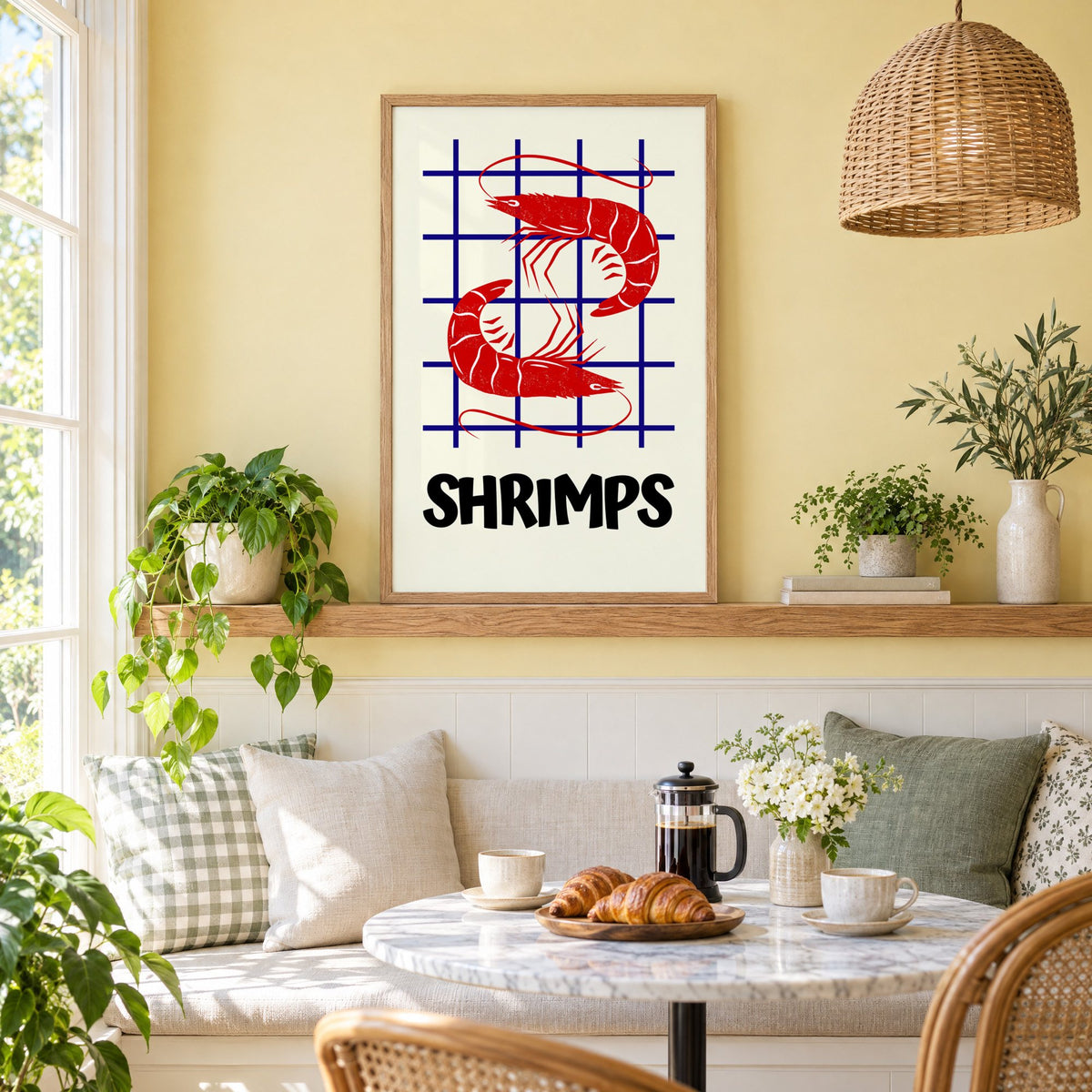 SHRIMPS red and blue grid print in an oak frame on a picture ledge above a sunny breakfast nook