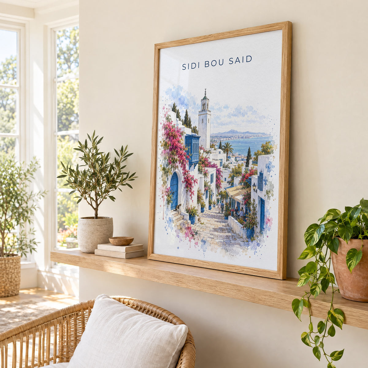 Sidi Bou Said watercolor print in an oak frame on a picture ledge in a sunlit sunroom