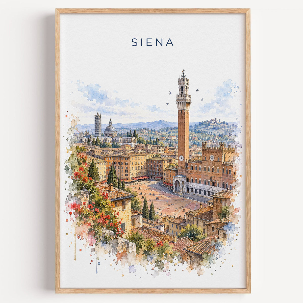 Siena watercolor print in a light oak frame on a plain white wall