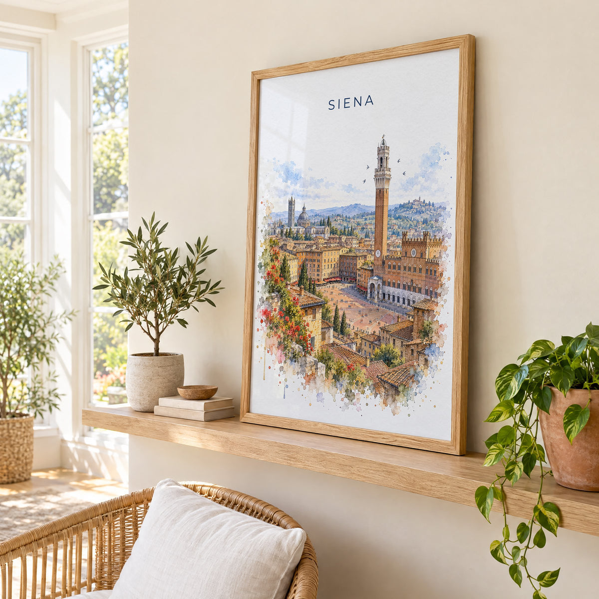 Siena watercolor print in an oak frame on a picture ledge in a sunlit sunroom