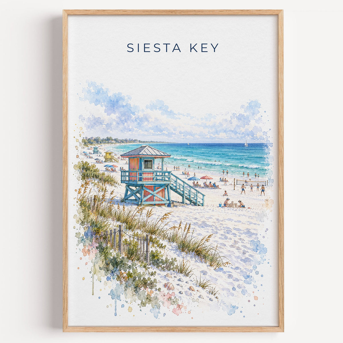 Siesta Key watercolor print in a light oak frame on a plain white wall