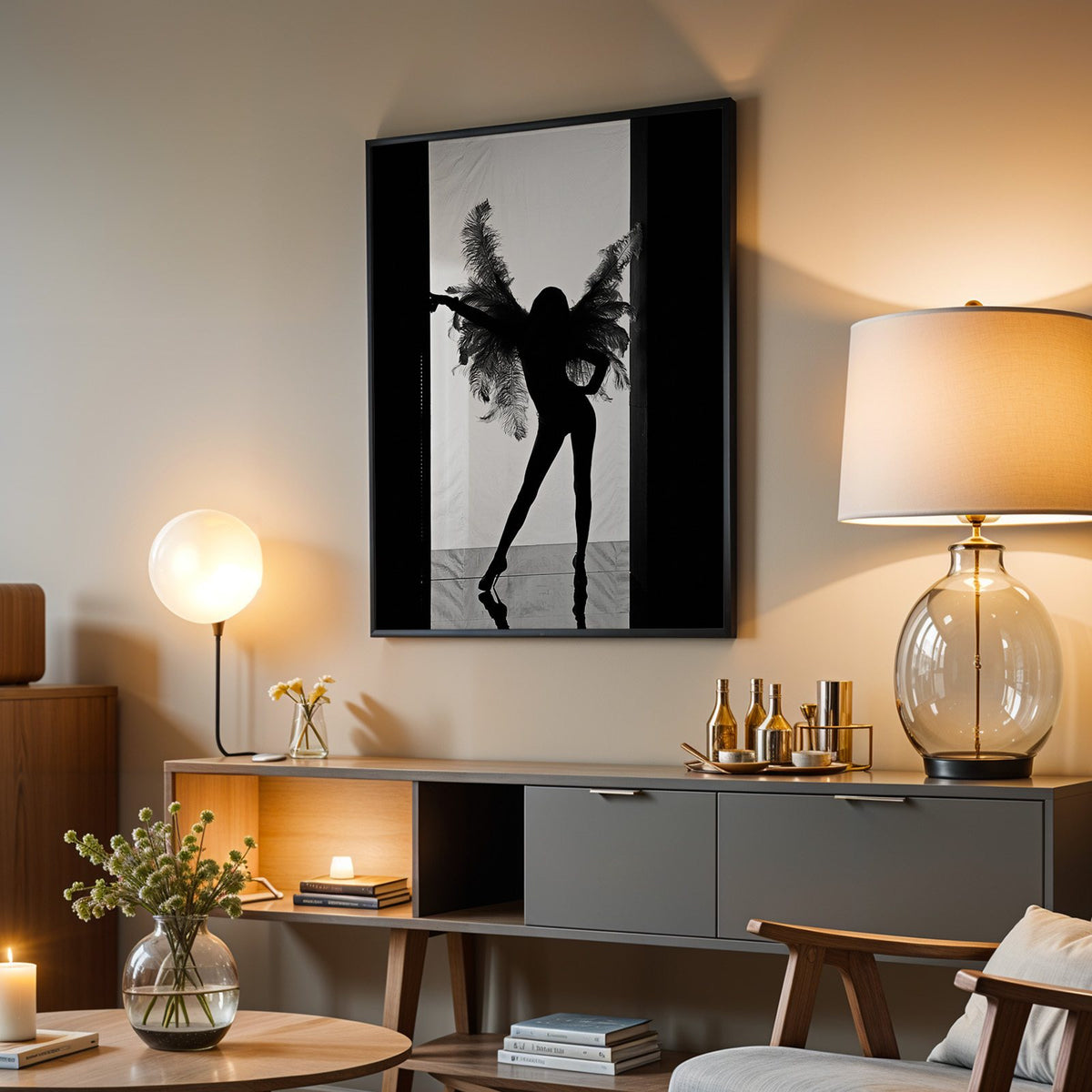 Backlit figure with feather wings in a doorway print in a black frame above a grey media console with a glass table lamp