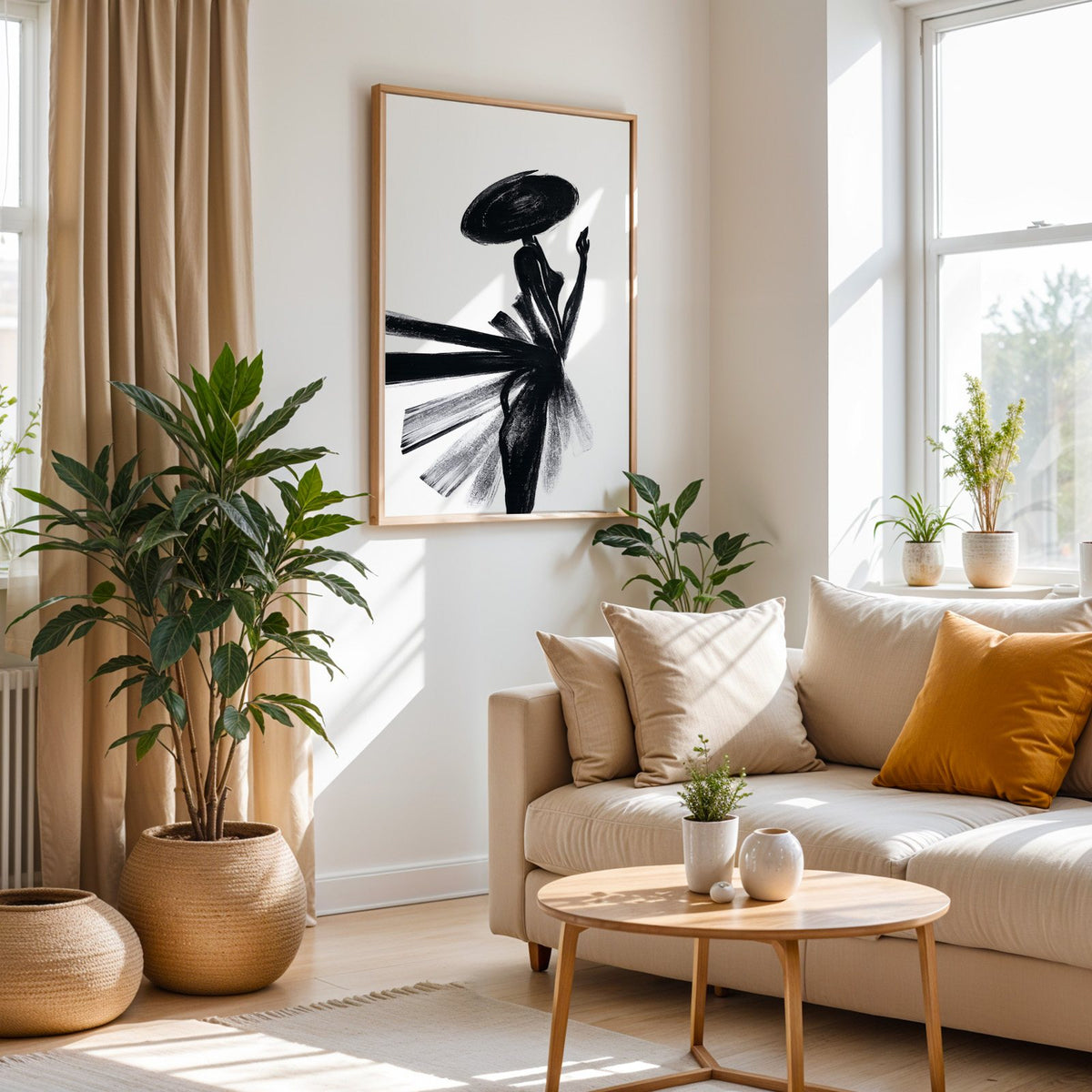 Woman in wide hat with fanned brushstroke skirt print in an oak frame above a cream sofa beside woven planters