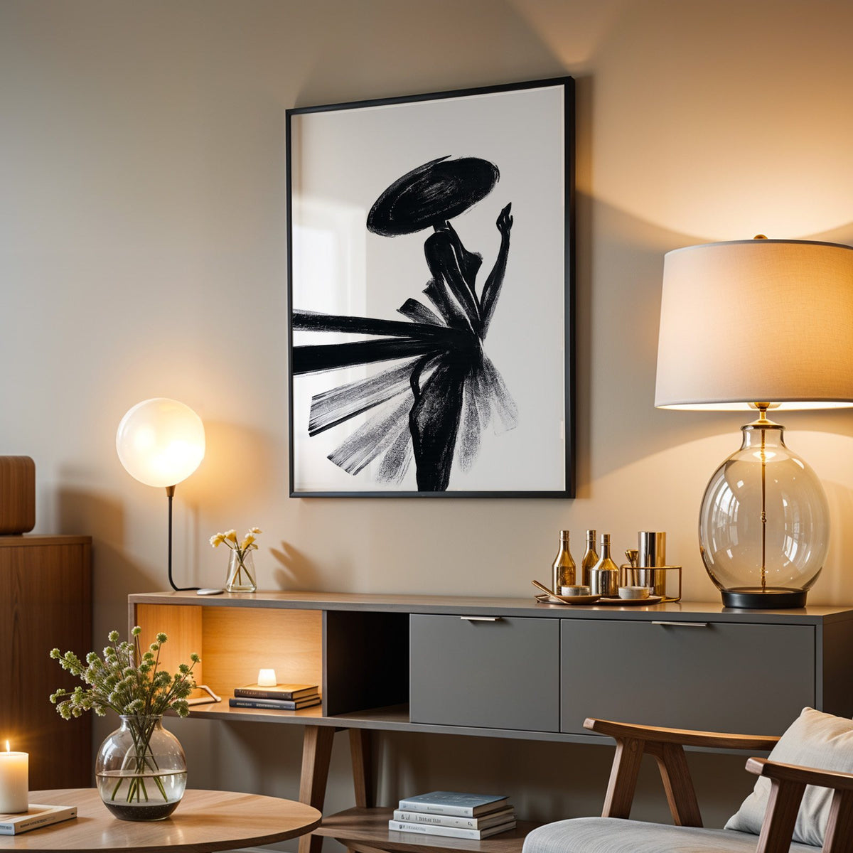 Woman in wide hat with fanned brushstroke skirt print in a black frame above a grey media console with a glass table lamp