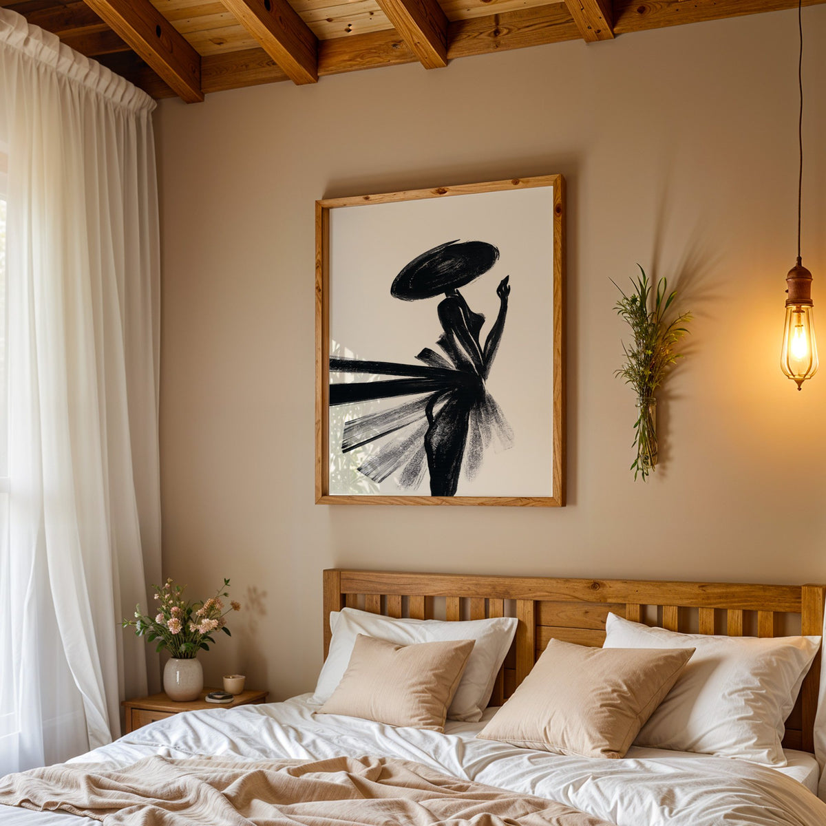 Woman in wide hat with fanned brushstroke skirt print in a pine frame above a wood headboard bed under a pendant bulb