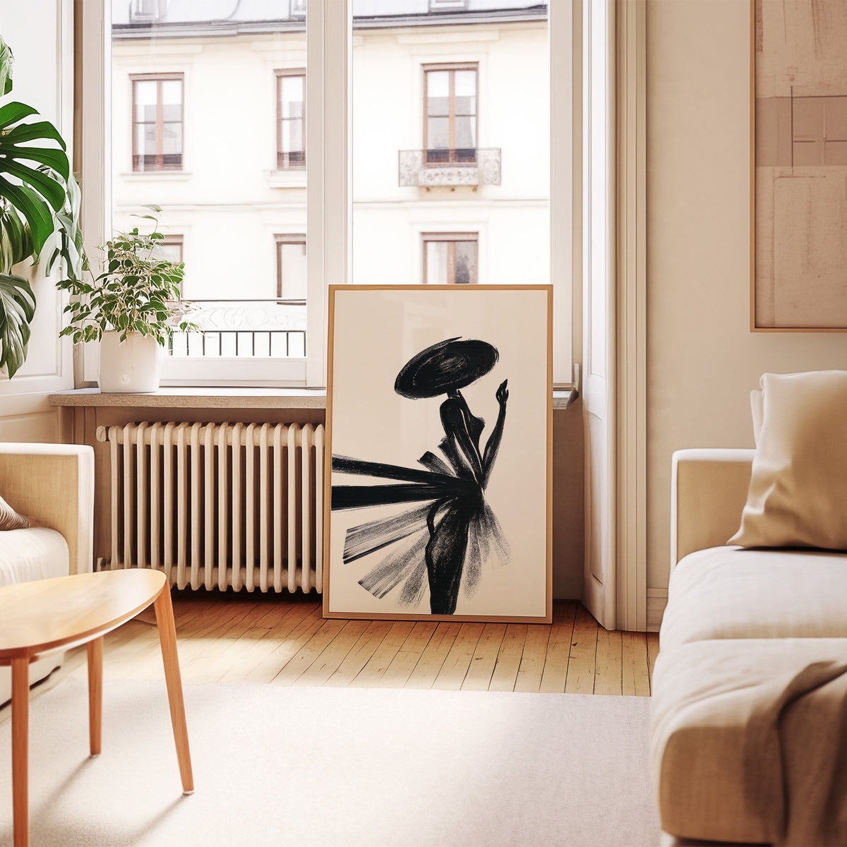 Woman in wide hat with fanned brushstroke skirt print in an oak frame leaning by a French window in a living room