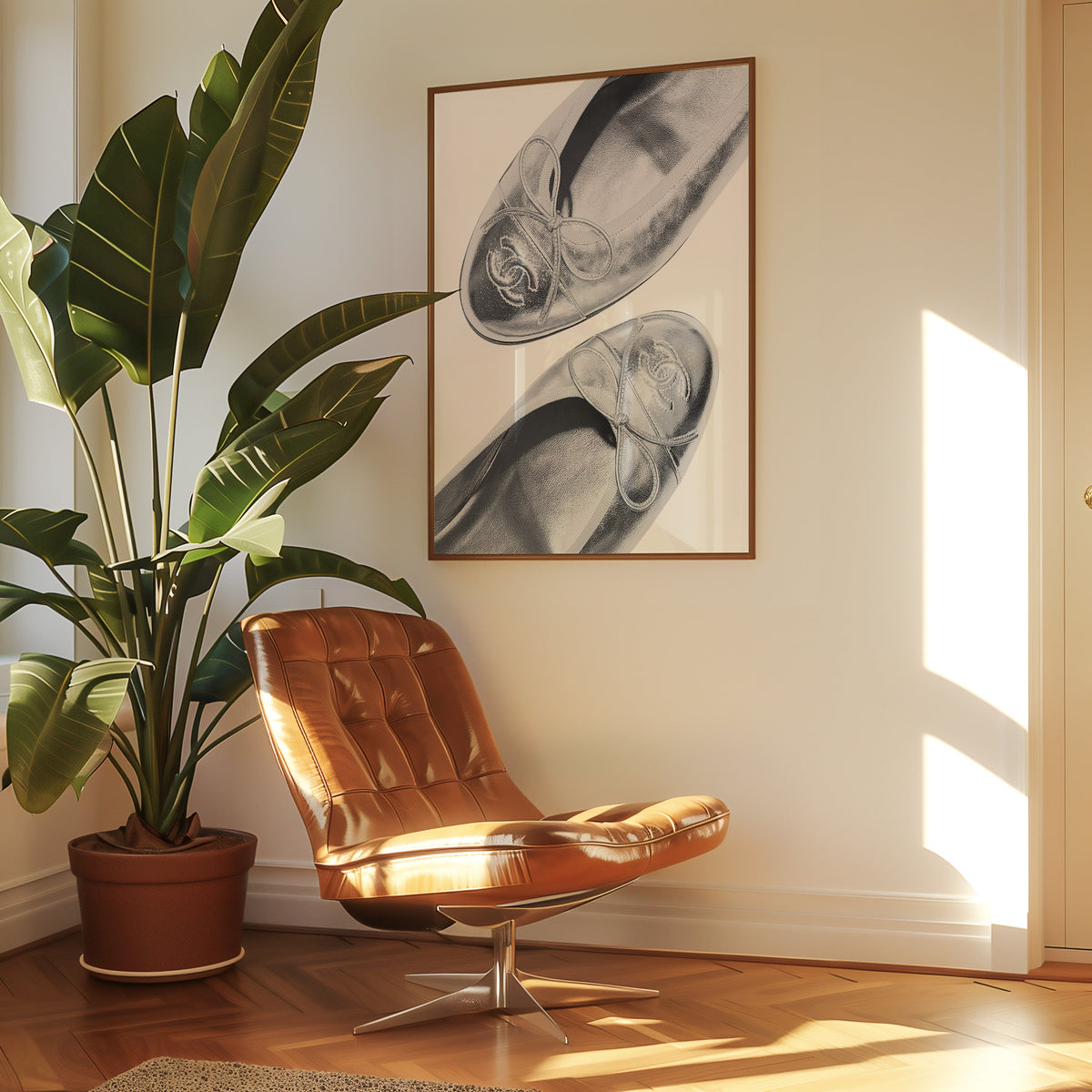 Silver cap toe ballet flats close-up print in a walnut frame above a leather lounge chair