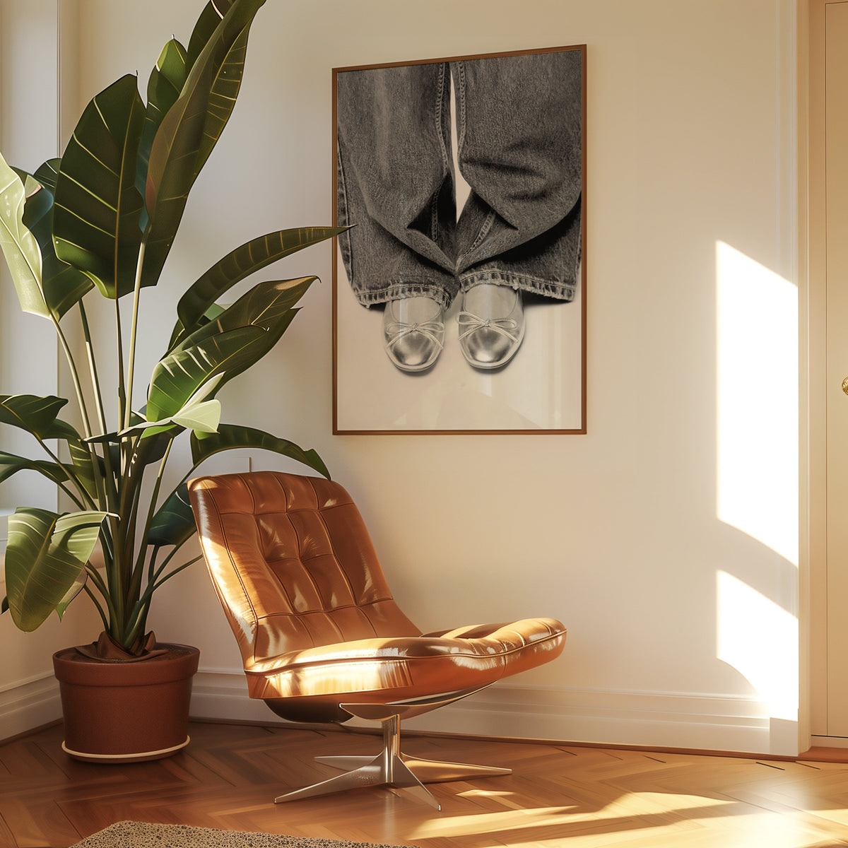 Silver ballet flats under wide-leg jeans print in a walnut frame above a leather lounge chair
