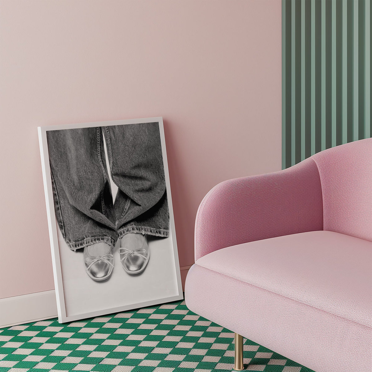 Silver ballet flats under wide-leg jeans print in a white frame beside a pink armchair on a checkered floor