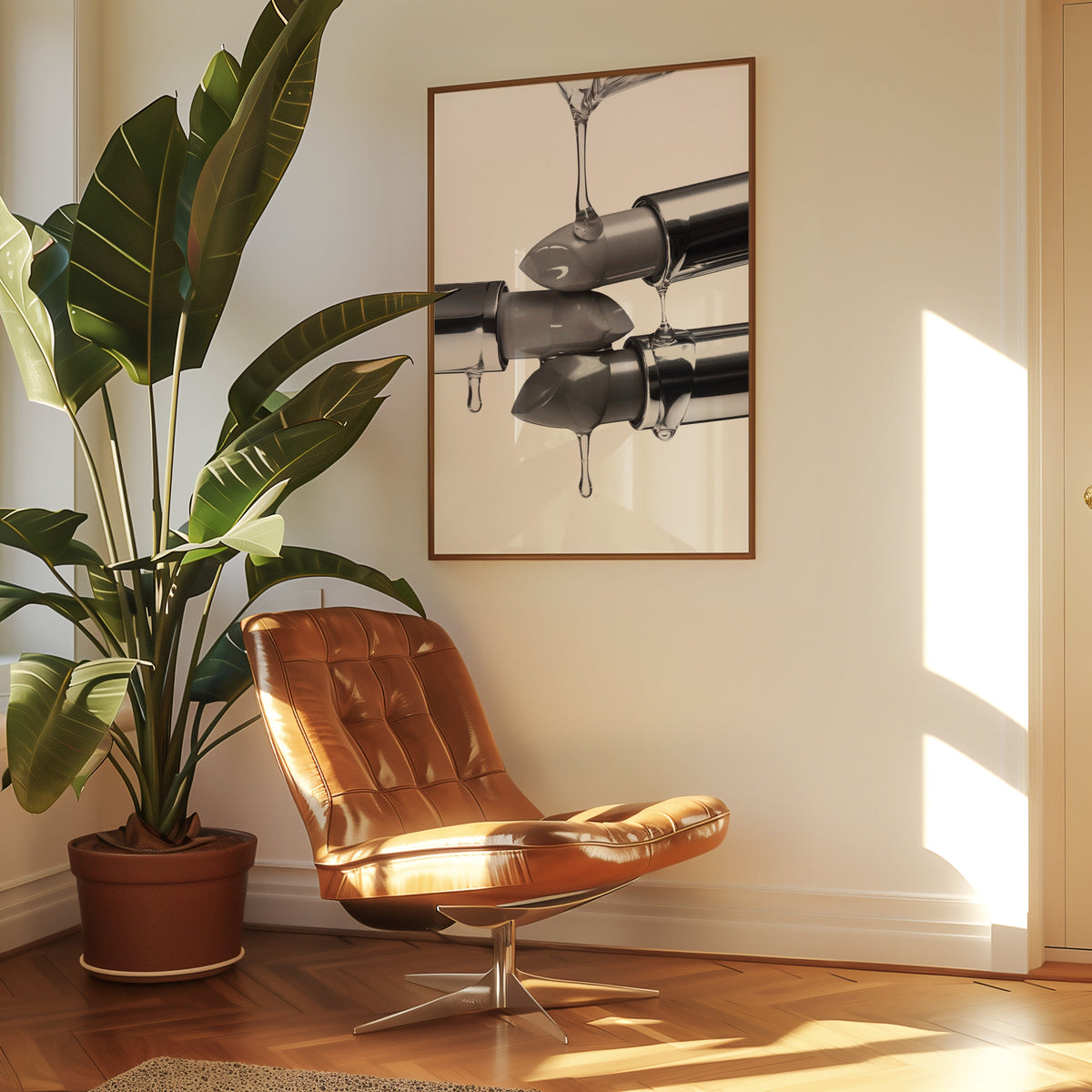 Silver lipsticks with clear gel drips print in a walnut frame above a leather lounge chair