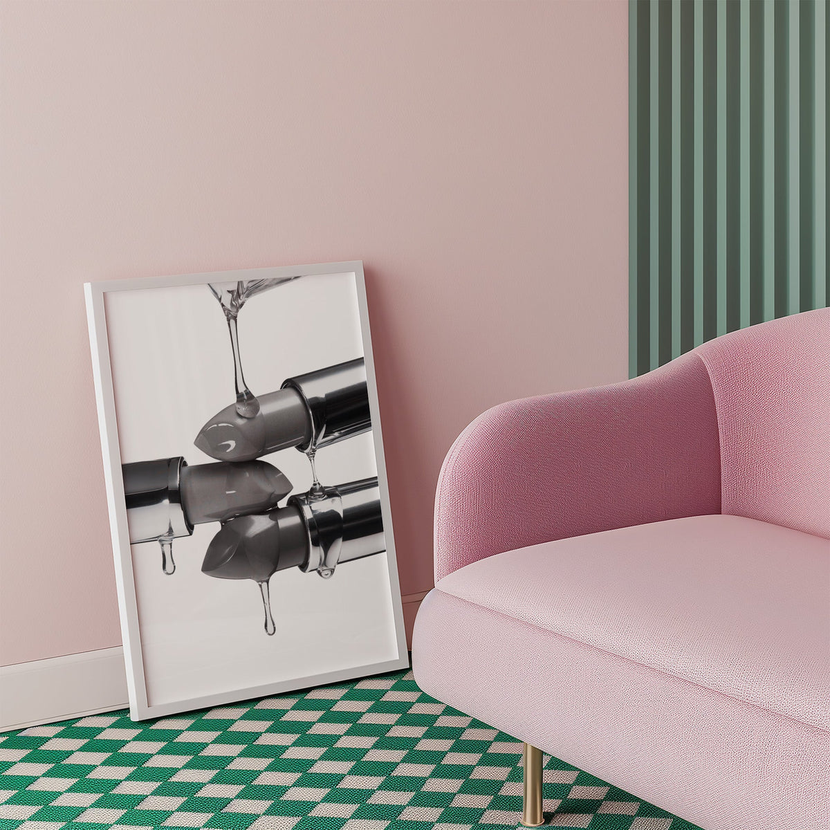 Silver lipsticks with clear gel drips print in a white frame beside a pink armchair on a checkered floor