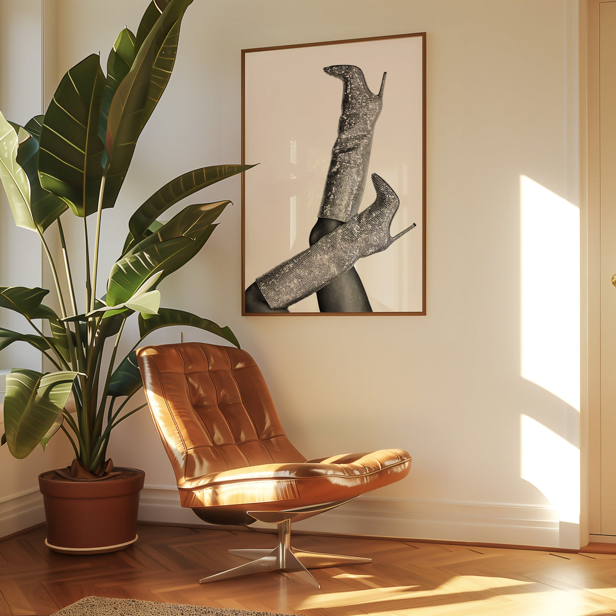 Silver sequin knee-high stiletto boots print in a walnut frame above a leather lounge chair